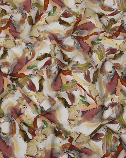 Beige Multicolor Abstract Brush Print Viscose Crepe Fabric 110 Cms India-D27008