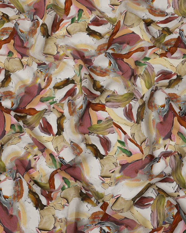 Beige Multicolor Abstract Brush Print Viscose Crepe Fabric 110 Cms India-D27008