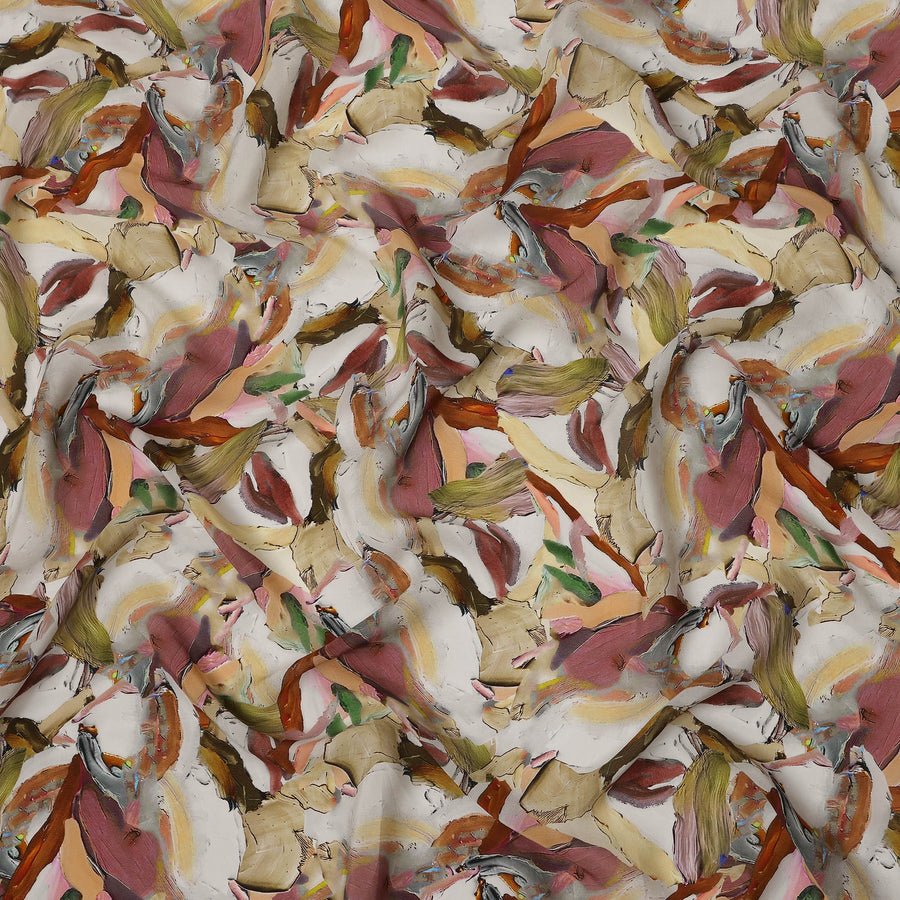 Beige Multicolor Abstract Brush Print Viscose Crepe Fabric 110 Cms India-D27008