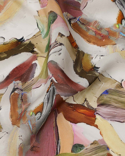 Beige Multicolor Abstract Brush Print Viscose Crepe Fabric 110 Cms India-D27008