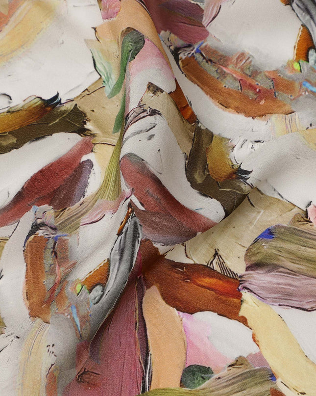 Beige Multicolor Abstract Brush Print Viscose Crepe Fabric 110 Cms India-D27008
