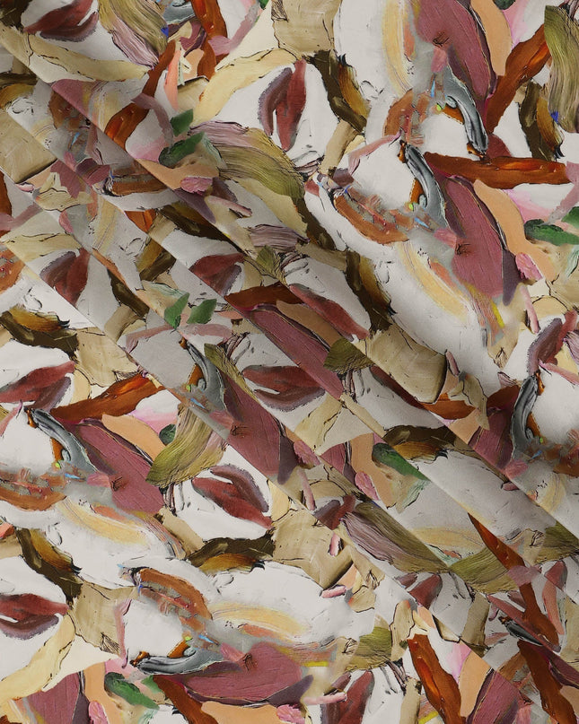 Cream Abstract Brushstroke Printed Viscose Crepe Fabric, 110 Cms, India-D27065