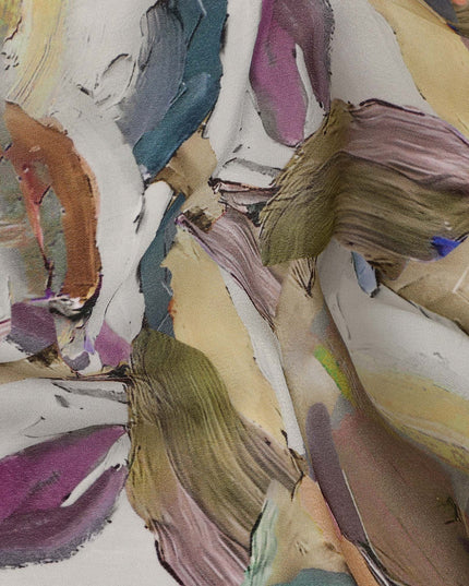 Beige Multicolor Abstract Brushstroke Printed Viscose Crepe Fabric, 110 Cms, India-D27068