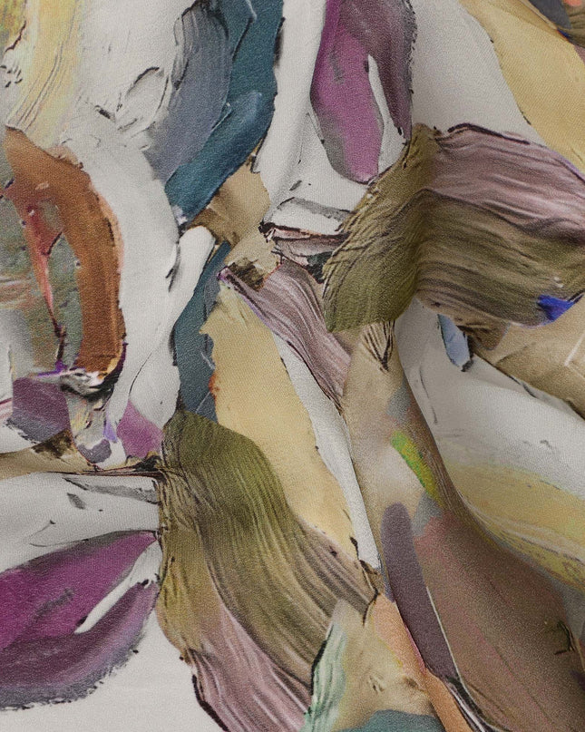Multicolor Beige Abstract Brush Print Viscose Crepe Fabric 110 Cms India-D27006