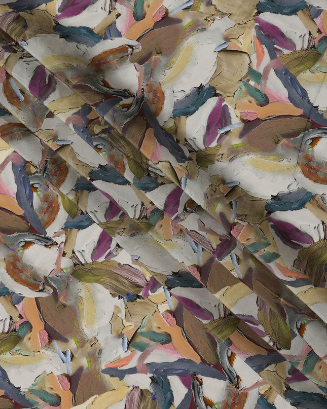 Multicolor Beige Abstract Brush Print Viscose Crepe Fabric 110 Cms India-D27006