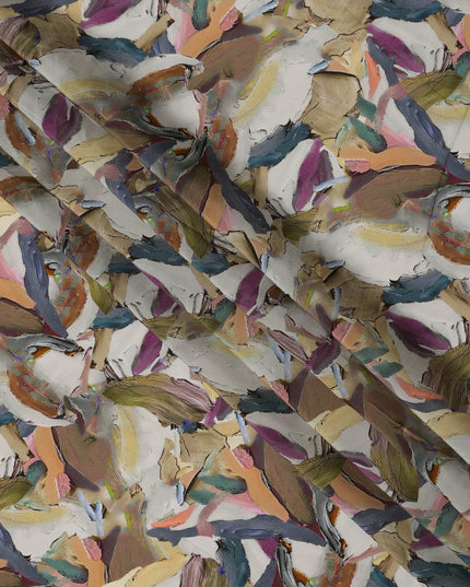 Beige Multicolor Abstract Brushstroke Printed Viscose Crepe Fabric, 110 Cms, India-D27068