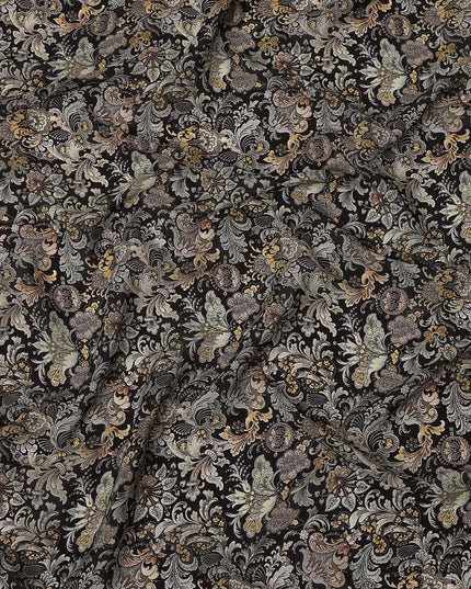 Black Vintage Paisley Floral Print Viscose Crepe Fabric 110 Cms India-D27013 - Regal Fabrics