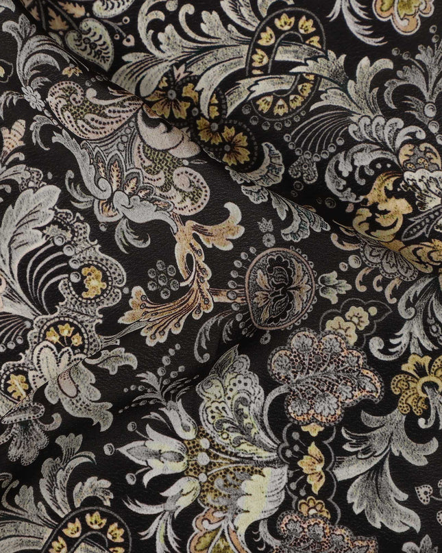 Black Vintage Paisley Floral Print Viscose Crepe Fabric 110 Cms India-D27013