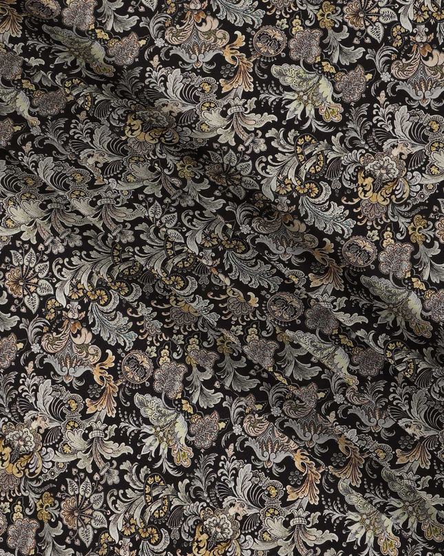 Black Vintage Paisley Floral Print Viscose Crepe Fabric 110 Cms India-D27013