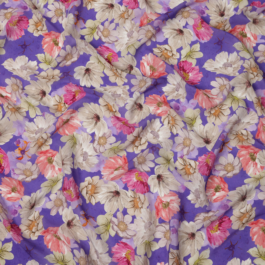 Purple Floral Garden Print Viscose Crepe Fabric 110 Cms India-D27019 - Regal Fabrics