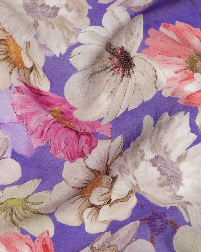 Purple Floral Garden Print Viscose Crepe Fabric 110 Cms India-D27019
