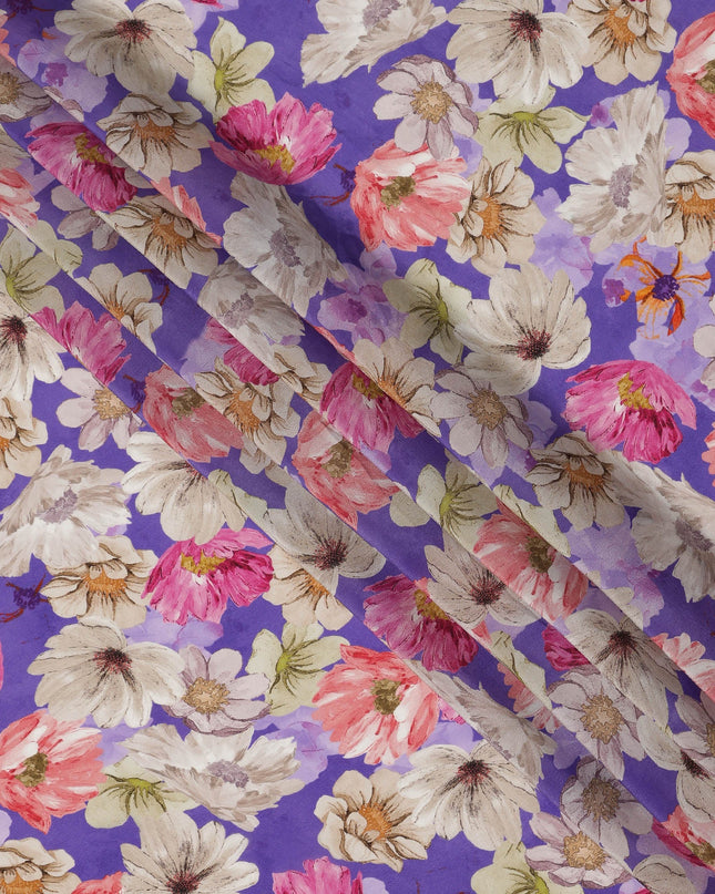 Purple White Floral Allover Printed Viscose Crepe Fabric, 110 Cms, India-D27069