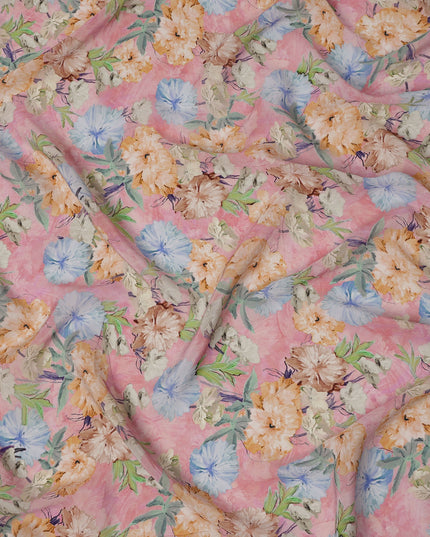 Soft Pink Peach & Sky Blue Floral Printed Viscose Crepe Fabric 110 Cms India-D26858