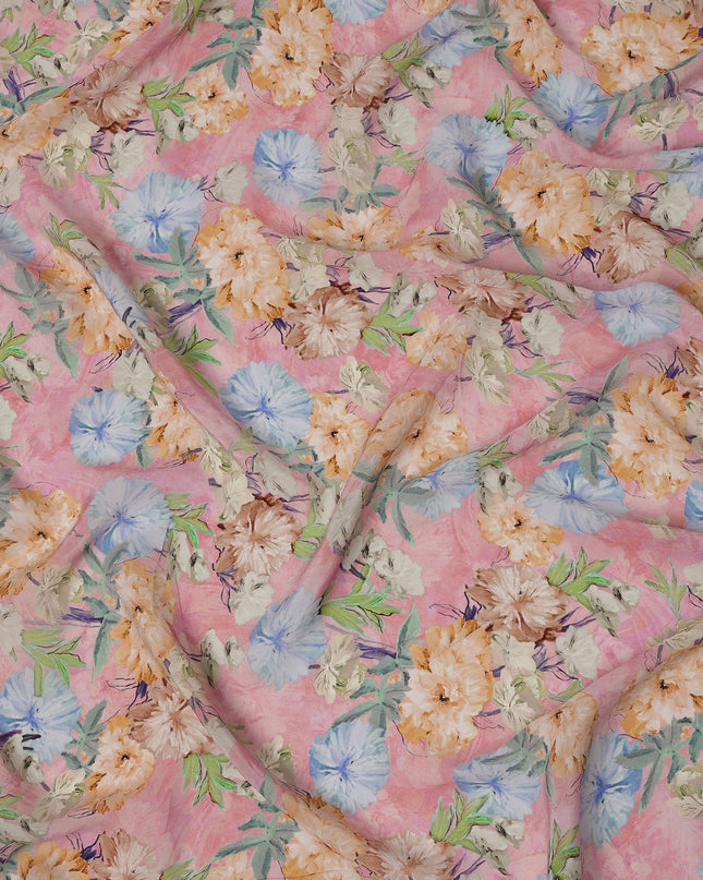 Soft Pink Peach & Sky Blue Floral Printed Viscose Crepe Fabric 110 Cms India-D26858