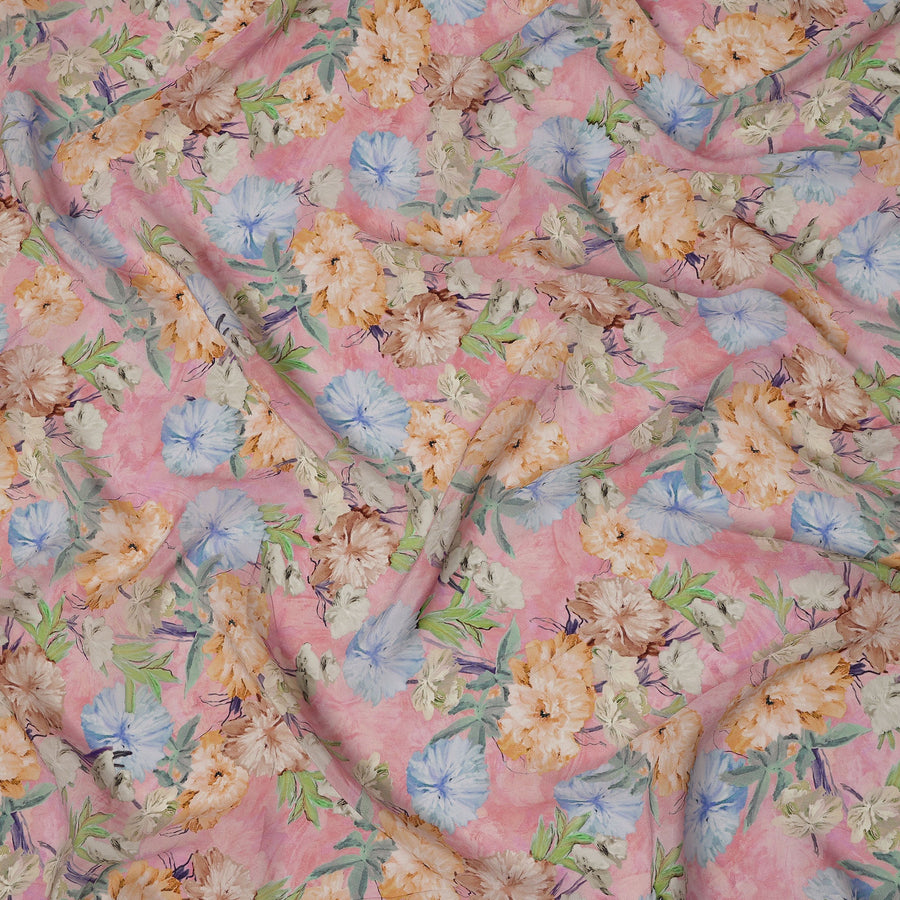 Soft Pink Peach & Sky Blue Floral Printed Viscose Crepe Fabric 110 Cms India-D26858