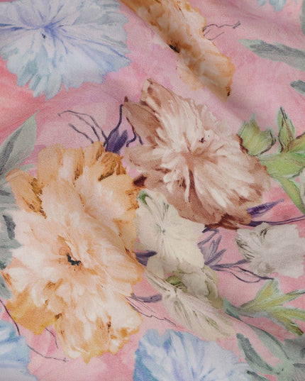 Soft Pink Peach & Sky Blue Floral Printed Viscose Crepe Fabric 110 Cms India-D26858