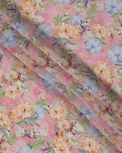 Soft Pink Peach & Sky Blue Floral Printed Viscose Crepe Fabric 110 Cms India-D26858