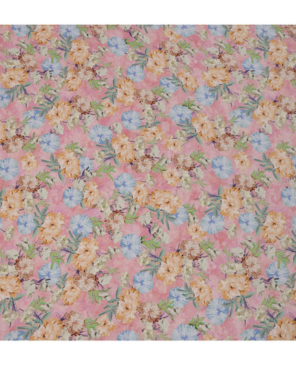 Soft Pink Peach & Sky Blue Floral Printed Viscose Crepe Fabric 110 Cms India-D26858