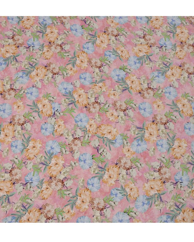 Soft Pink Peach & Sky Blue Floral Printed Viscose Crepe Fabric 110 Cms India-D26858