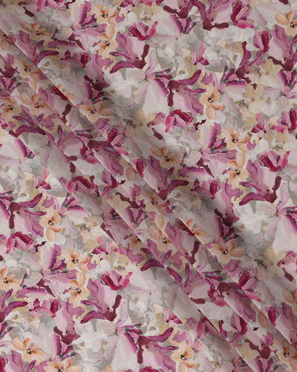 White Pink Floral Printed Viscose Crepe Fabric 110 Cms Width Soft Flowing Lightweight Dress Material India-D27933