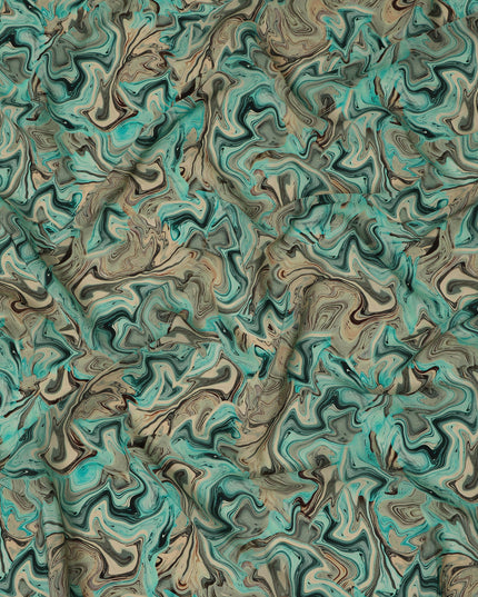 Teal Beige Abstract Marble Swirl Digital Print Viscose Crepe Fabric 110 Cms India-D26855