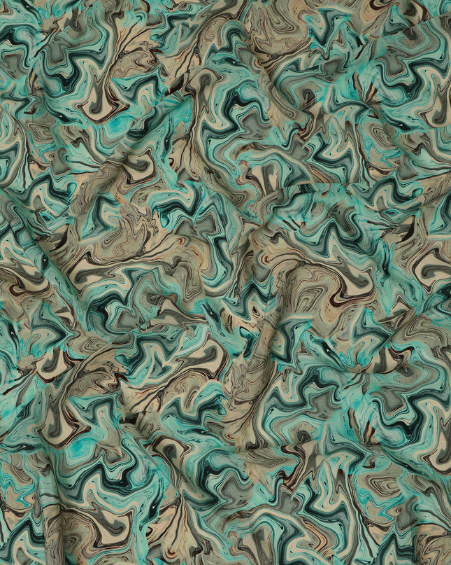 Teal Beige Abstract Marble Swirl Digital Print Viscose Crepe Fabric 110 Cms India-D26855