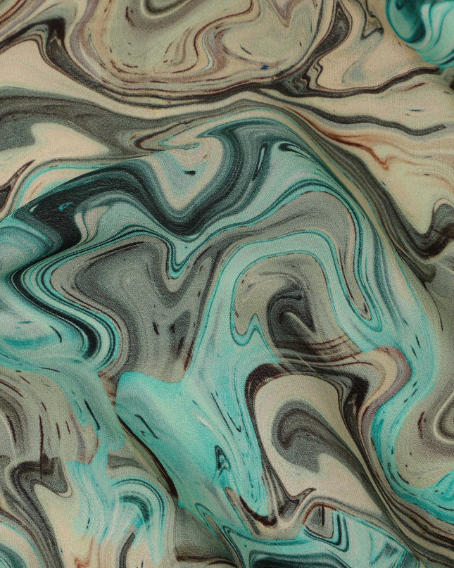 Teal Beige Abstract Marble Swirl Digital Print Viscose Crepe Fabric 110 Cms India-D26855