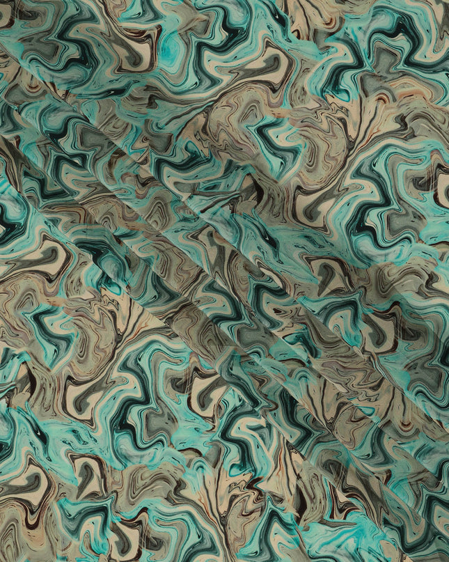 Teal Beige Abstract Marble Swirl Digital Print Viscose Crepe Fabric 110 Cms India-D26855
