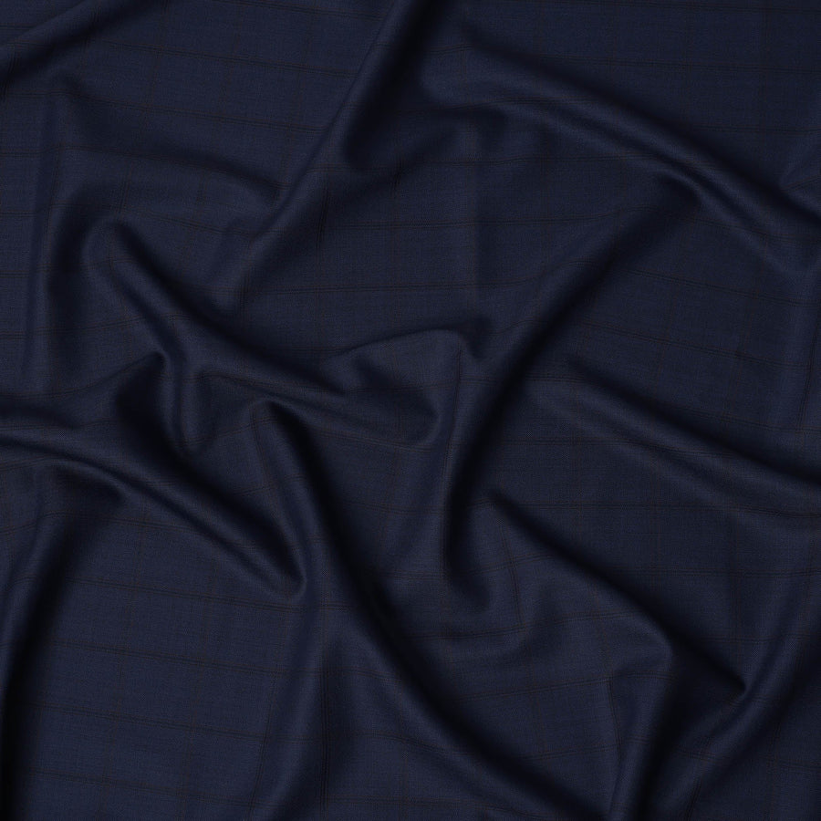 Navy Blue Check Premium Super 140’s SCABAL English All Wool Suiting Fabric, Width 150 cms, 3.75 Mtrs Cut, Made in United Kingdom-D26790