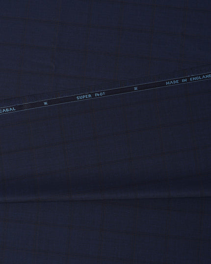 Navy Blue Check Premium Super 140’s SCABAL English All Wool Suiting Fabric, Width 150 cms, 3.75 Mtrs Cut, Made in United Kingdom-D26790