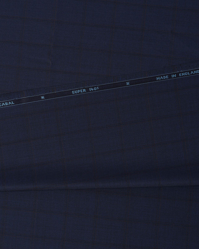 Navy Blue Check Premium Super 140’s SCABAL English All Wool Suiting Fabric, Width 150 cms, 3.75 Mtrs Cut, Made in United Kingdom-D26790