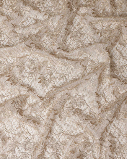 Beige Floral Embroidered Synthetic Lace Fabric 140 Cms From China-D27253 - Regal Fabrics