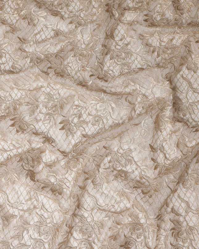 Beige Floral Embroidered Synthetic Lace Fabric 140 Cms From China-D27253