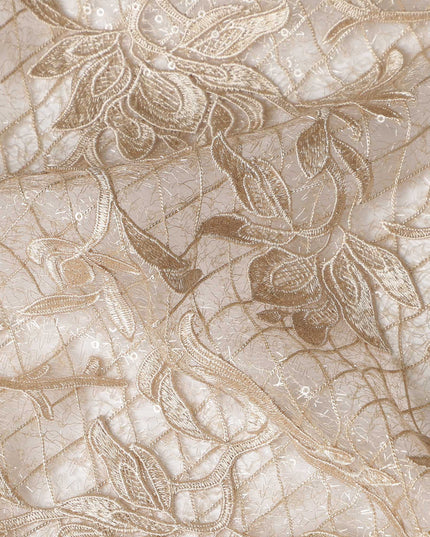 Beige Floral Embroidered Synthetic Lace Fabric 140 Cms From China-D27253 - Regal Fabrics