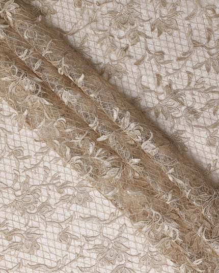 Beige Floral Embroidered Synthetic Lace Fabric 140 Cms From China-D27253 - Regal Fabrics