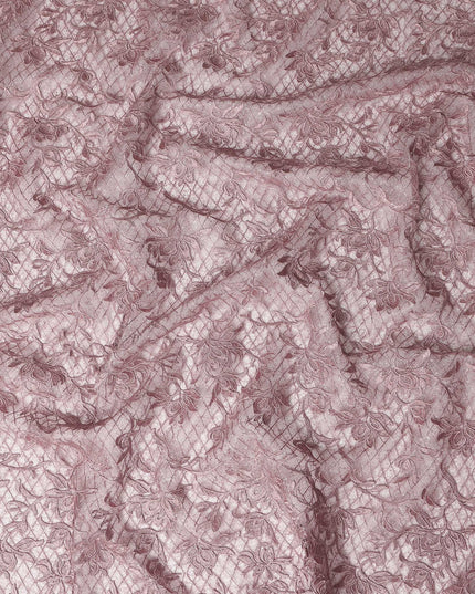 Mauve Floral Embroidered Synthetic Lace Fabric 140 Cms From China-D27258