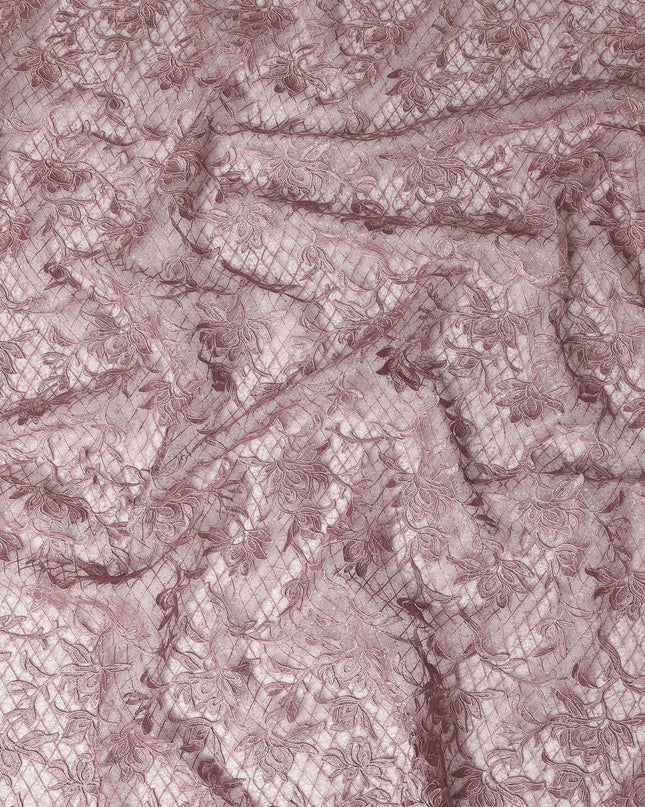 Mauve Floral Embroidered Synthetic Lace Fabric 140 Cms From China-D27258