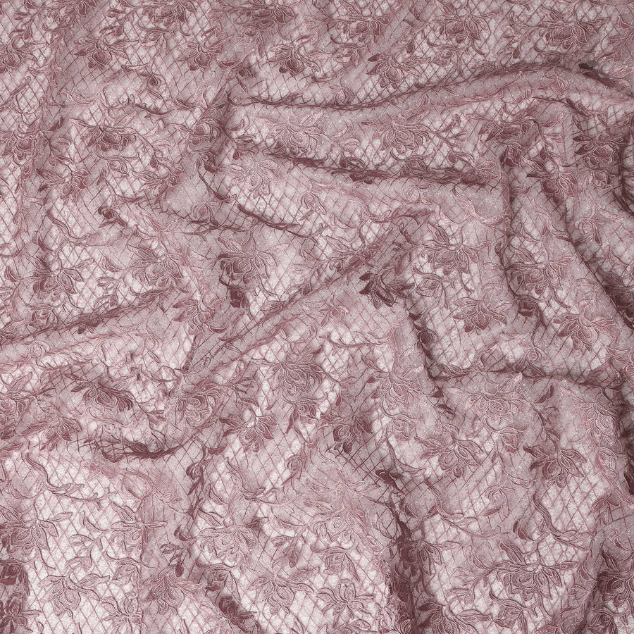 Mauve Floral Embroidered Synthetic Lace Fabric 140 Cms From China-D27258
