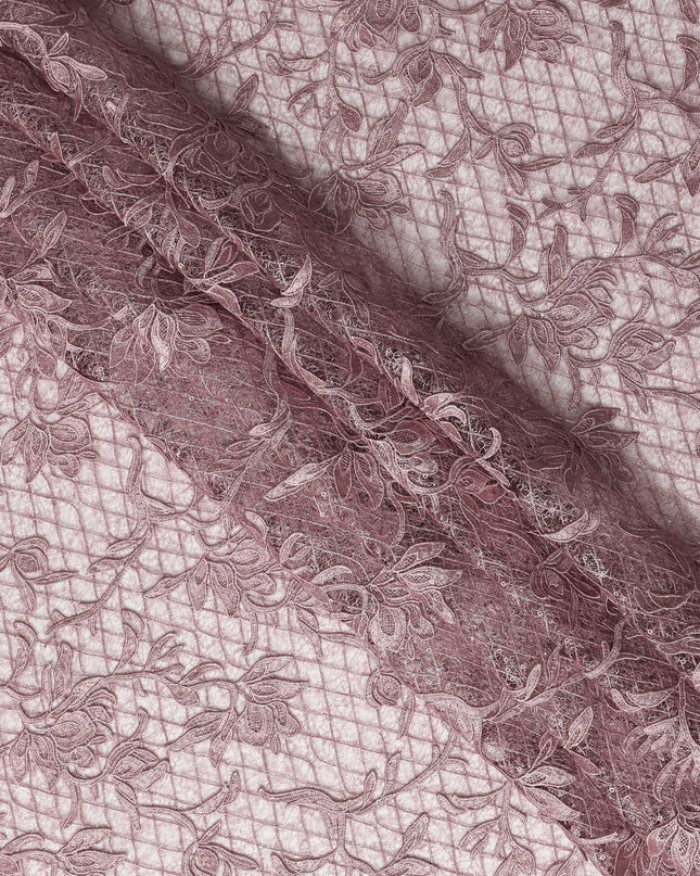 Mauve Floral Embroidered Synthetic Lace Fabric 140 Cms From China-D27258