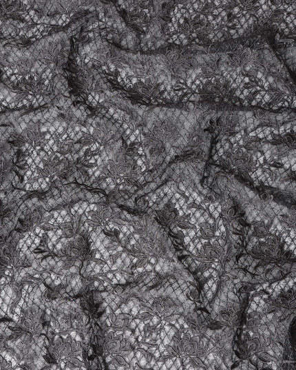 Grey Floral Embroidered Synthetic Lace Fabric 140 Cms From China-D27255