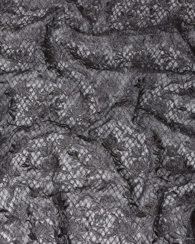 Grey Floral Embroidered Synthetic Lace Fabric 140 Cms From China-D27255