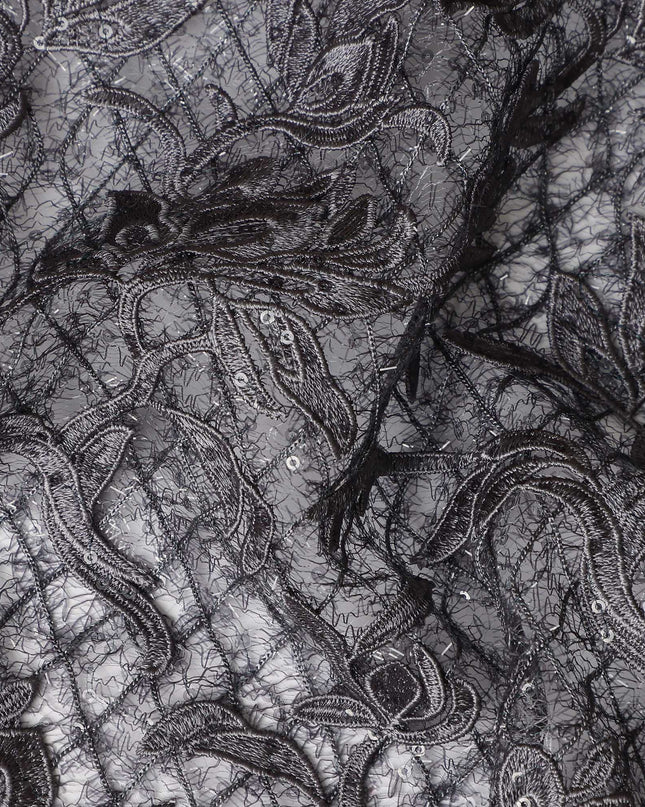 Grey Floral Embroidered Synthetic Lace Fabric 140 Cms From China-D27255