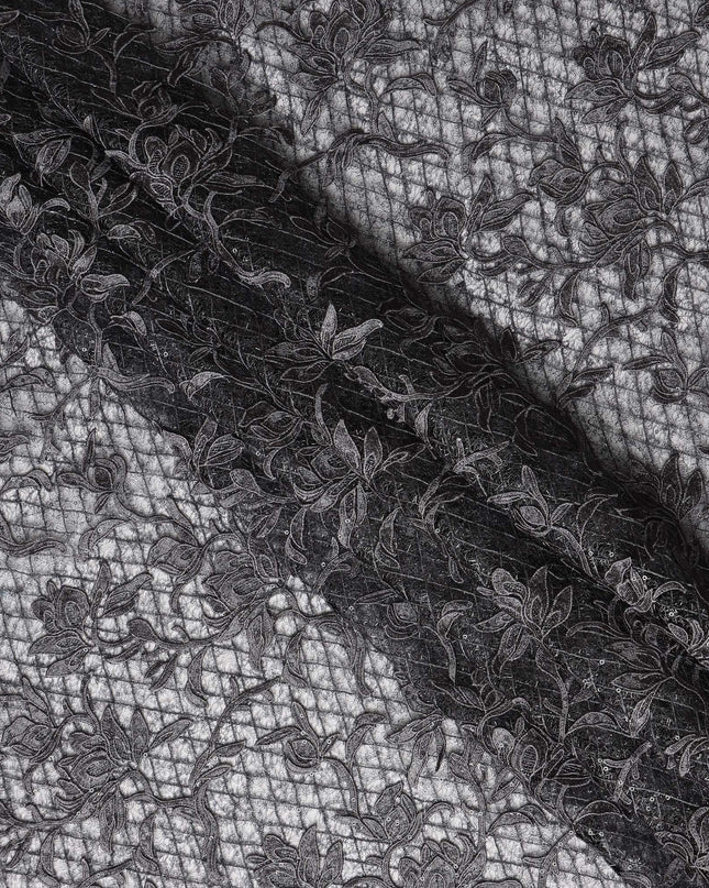 Grey Floral Embroidered Synthetic Lace Fabric 140 Cms From China-D27255