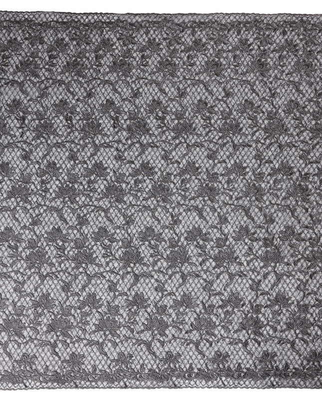 Grey Floral Embroidered Synthetic Lace Fabric 140 Cms From China-D27255