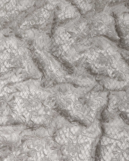 Grey Floral Embroidered Synthetic Lace Fabric 140 Cms From China-D27257
