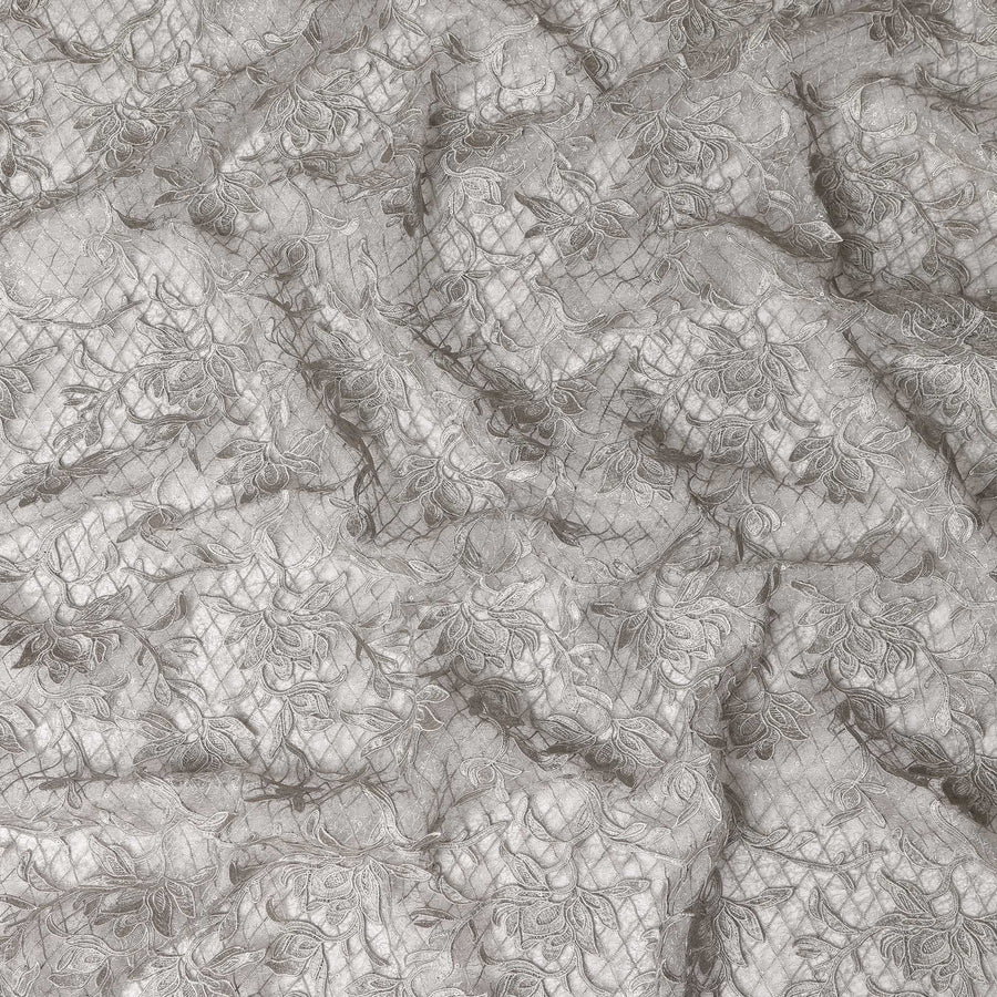 Grey Floral Embroidered Synthetic Lace Fabric 140 Cms From China-D27257