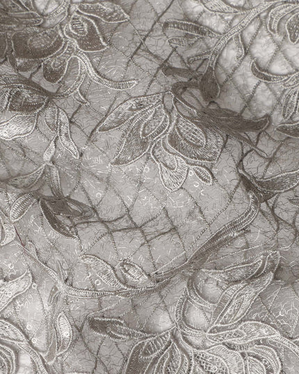 Grey Floral Embroidered Synthetic Lace Fabric 140 Cms From China-D27257