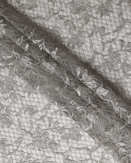 Grey Floral Embroidered Synthetic Lace Fabric 140 Cms From China-D27257