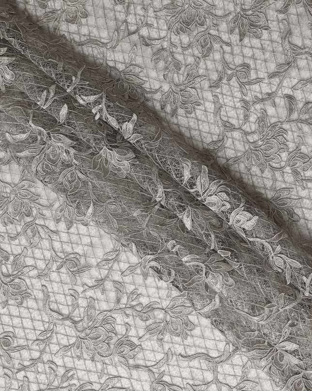 Grey Floral Embroidered Synthetic Lace Fabric 140 Cms From China-D27257