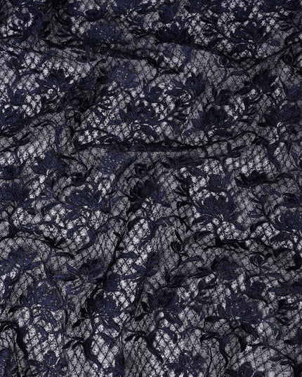 Navy Blue Floral Embroidered Synthetic Lace Fabric 140 Cms From China-D27261
